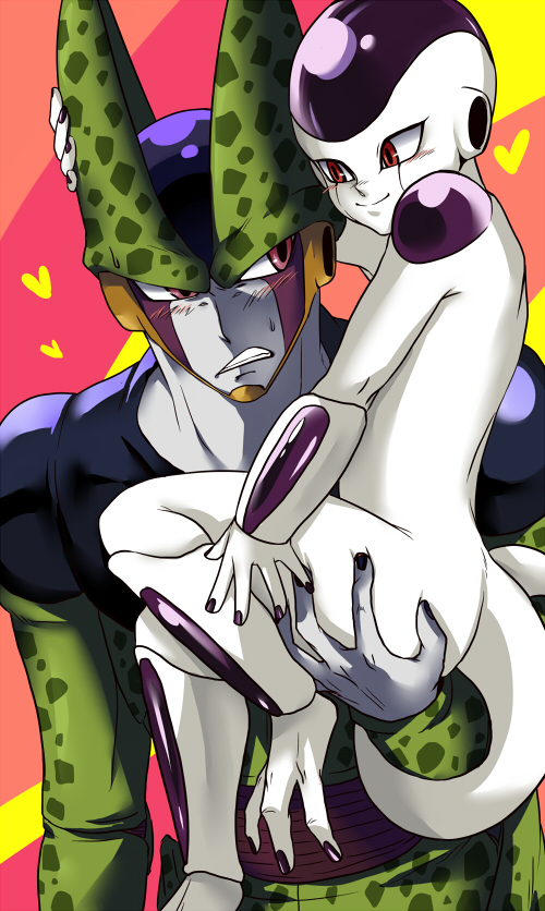 alien bald blush carrying cell_(dragon_ball) deep_skin dragon_ball dragon_ball_z frieza heart lotusmartus male_focus multiple_boys nude perfect_cell red_eyes smile tail yaoi