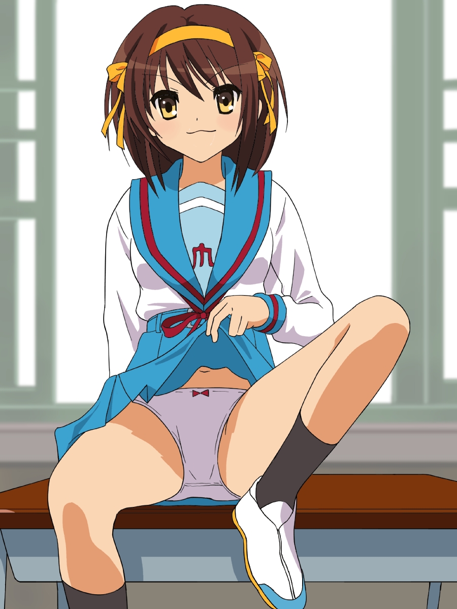 bow bow_panties brown_hair hair_ornament looking_at_viewer navel panties pantyshot school_uniform shoes short_hair sitting skirt skirt_lift smile socks solo suzumiya_haruhi suzumiya_haruhi_no_yuuutsu table underwear yellow_eyes