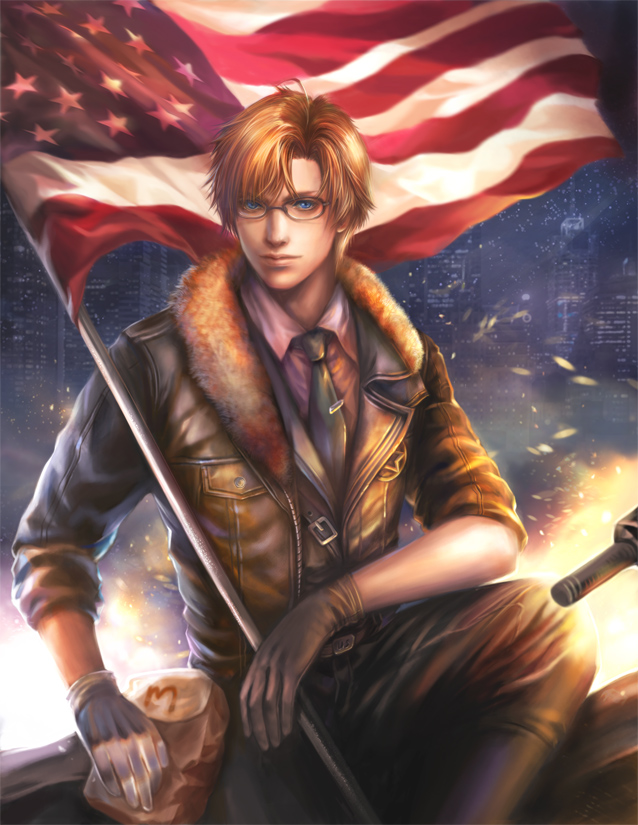 america_(hetalia) american_flag axis_powers_hetalia blonde_hair blue_eyes glasses gloves jacket looking_at_viewer male_focus necktie realistic solo yang_fan