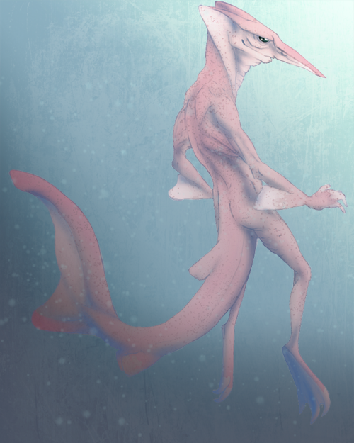 anthro blue_background fish goblin_shark hands long_tail male marine marone pink_body plain_background sea shark solo swimming underwater water