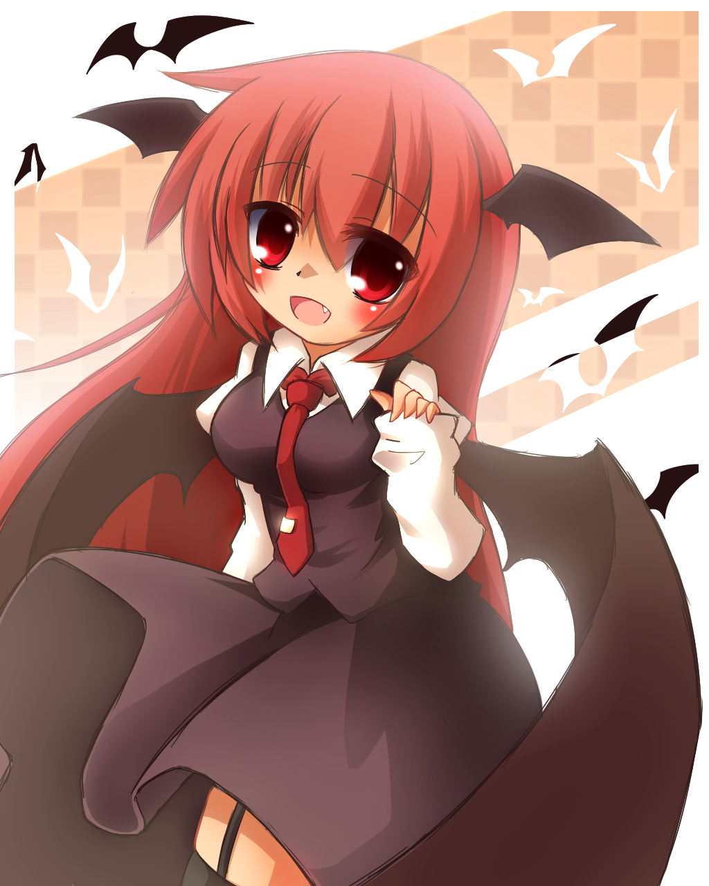 bad_id bad_pixiv_id bat_wings fang furea_(scarlet_t) head_wings highres koakuma long_hair long_sleeves necktie open_mouth red_eyes red_hair red_neckwear skirt smile solo thighhighs touhou wings