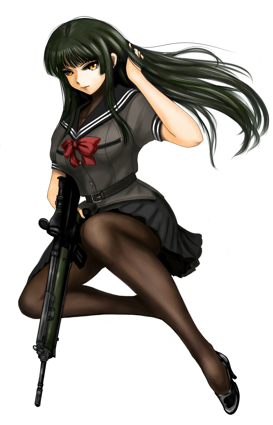 battle_rifle belt black_hair bow brown_eyes full_body g3a3_(upotte!!) gun h&amp;k_g3 high_heels highres long_hair pantyhose pleated_skirt rifle school_uniform scope shoes simple_background skirt solo upotte!! weapon yamasuke_mk2