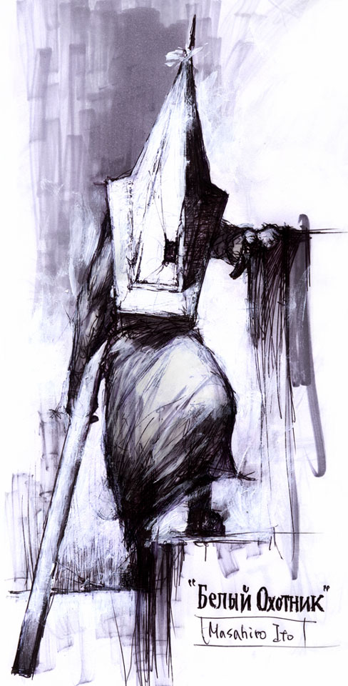male_focus masahiro_ito monochrome monster official_art pyramid pyramid_head russian signature silent_hill silent_hill_2 sketch solo standing surreal watermark weapon