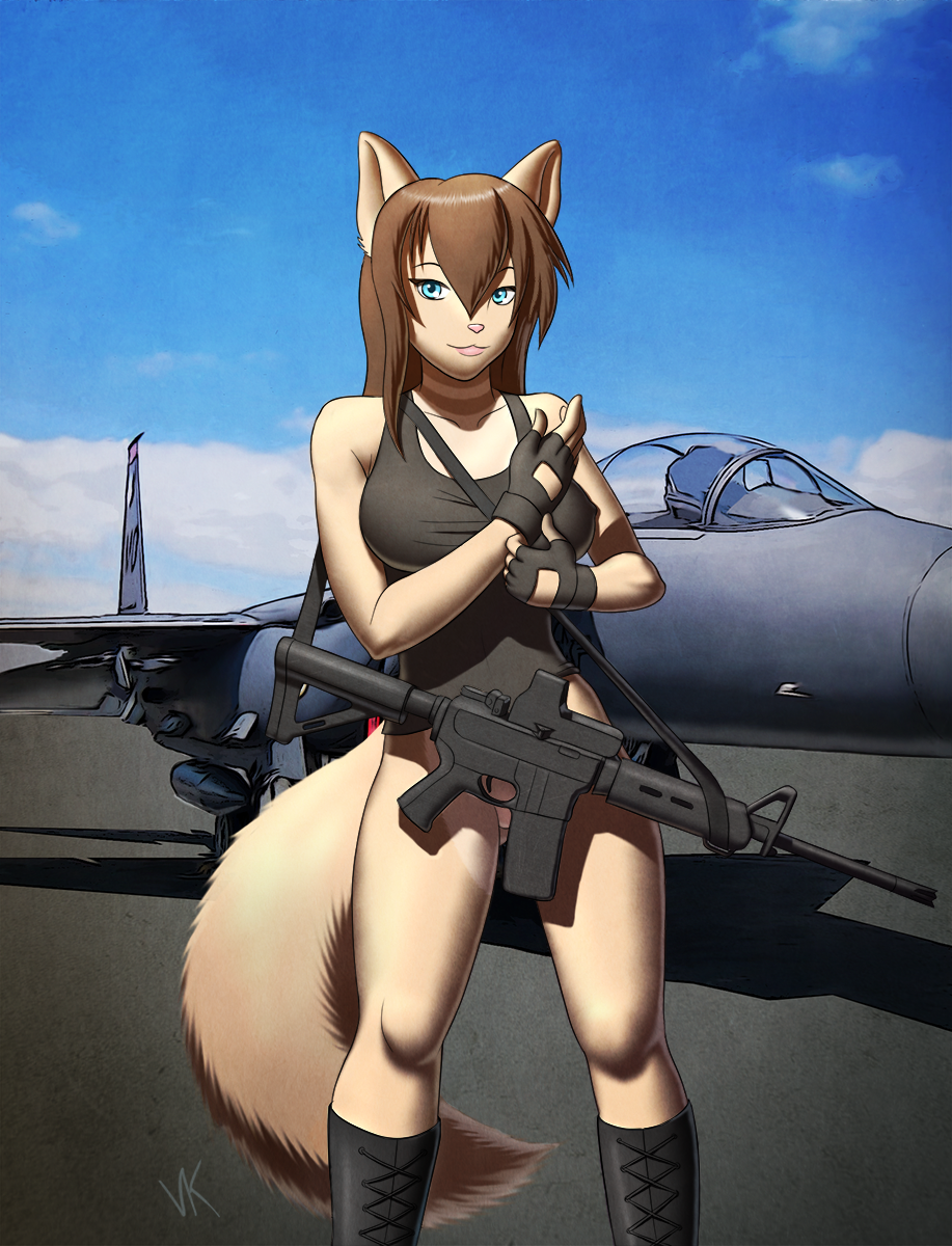 aircraft airplane anthro blue_eyes bottomless canine clothed clothing f-15 female fighter_jet fox gloves gun half-dressed holographic looking_at_viewer m4 mammal ranged_weapon rifle shirt tank_top volkcreed weapon