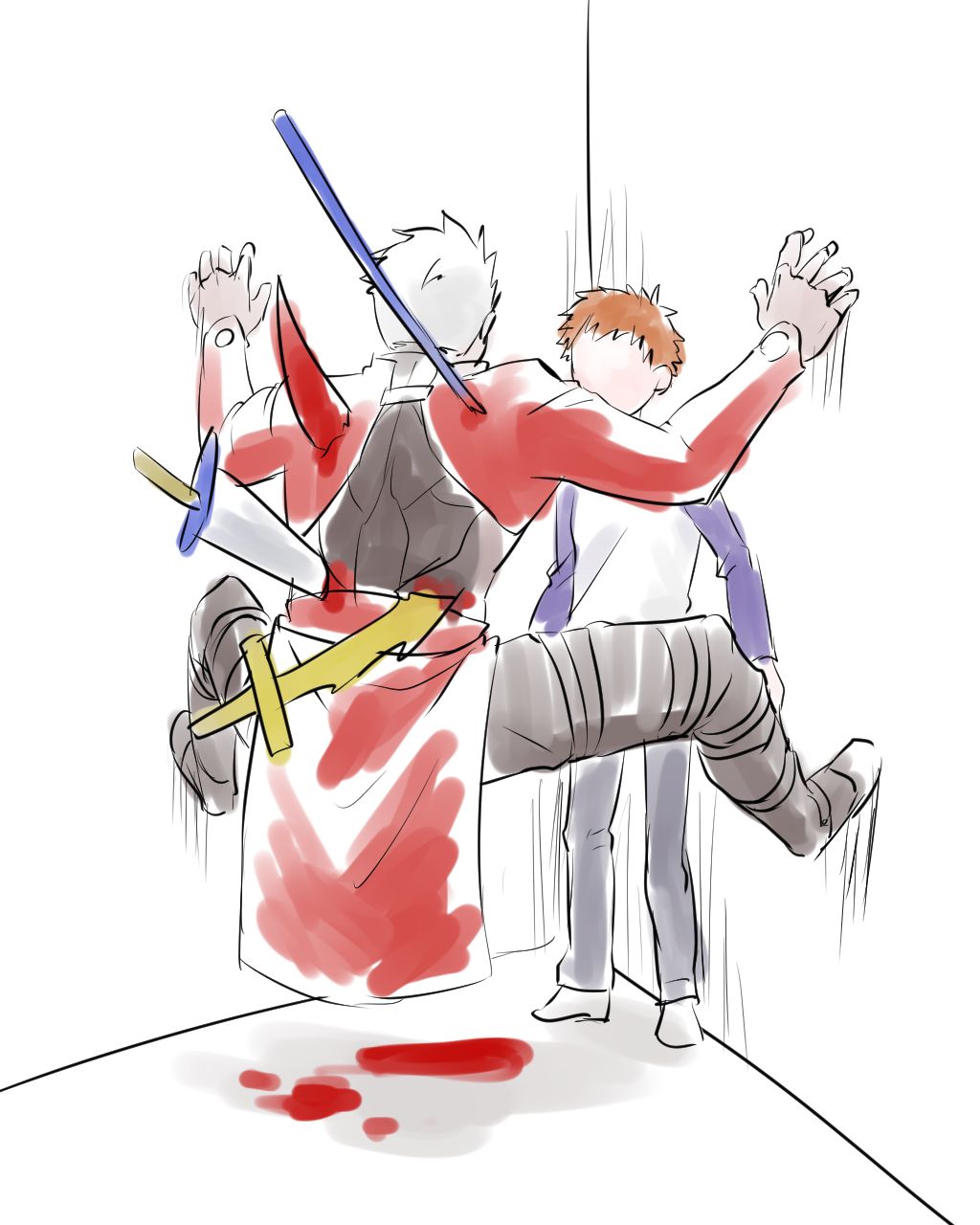 archer blood cicada_block emiya_shirou fate/stay_night fate_(series) heiheiniseta highres multiple_boys stabbed sword weapon