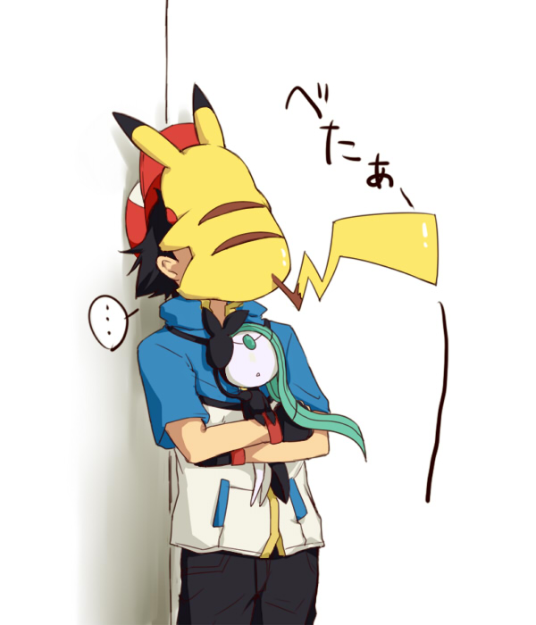 1boy baseball_cap cicada_block face_hug gen_1_pokemon gen_5_pokemon hat legendary_pokemon meloetta mono_(sa) pikachu pokemon pokemon_(anime) pokemon_(creature) satoshi_(pokemon) you're_doing_it_wrong