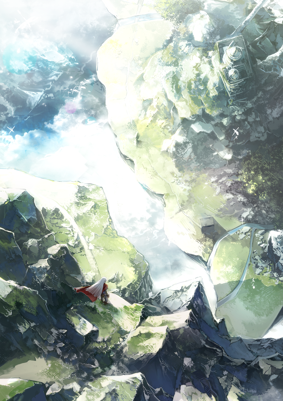 bird chrono_trigger floating_island from_above gloves grey_hair highres hill house long_hair magus pointy_ears road rock scenery sky solo tami tree