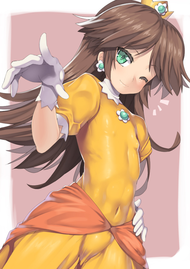 ;) abs androgynous blush brown_hair closed_mouth covered_navel covered_nipples crown dress flat_chest gloves green_eyes hand_on_hip long_hair looking_at_viewer mario_(series) nagase_haruhito one_eye_closed princess_daisy skin_tight smile solo super_mario_bros. toned white_gloves