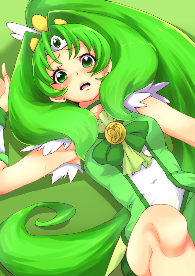angelo_(gomahangetsu) bad_id bad_pixiv_id blush choker cure_march green green_background green_choker green_eyes green_hair green_shorts long_hair looking_at_viewer lying magical_girl midorikawa_nao on_back open_mouth precure shorts smile_precure! solo very_long_hair