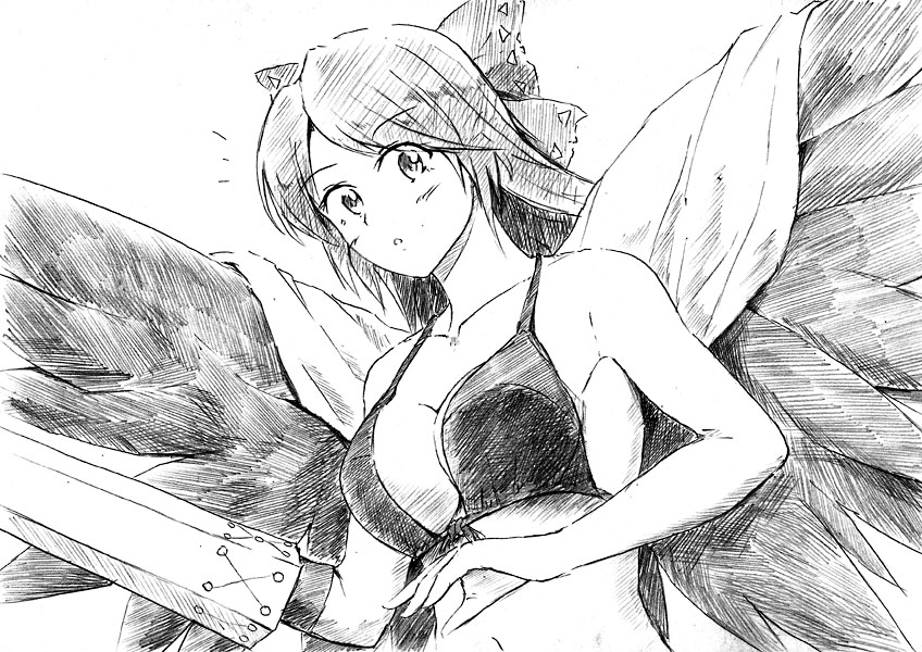 bow breasts greyscale hair_bow large_breasts long_hair looking_at_viewer monochrome reiuji_utsuho solo touhou traditional_media vent_arbre wings
