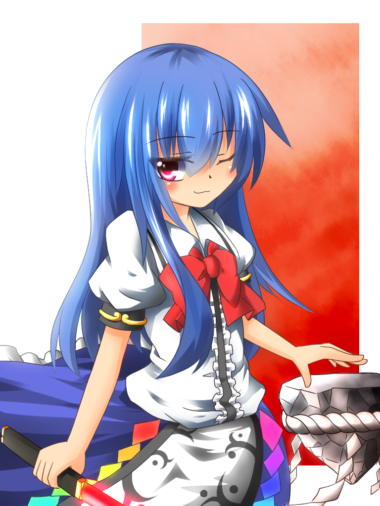 bad_id bad_pixiv_id blue_hair bow dress furea_(scarlet_t) hinanawi_tenshi long_hair no_hat no_headwear one_eye_closed red_eyes short_sleeves smile solo sword sword_of_hisou touhou weapon