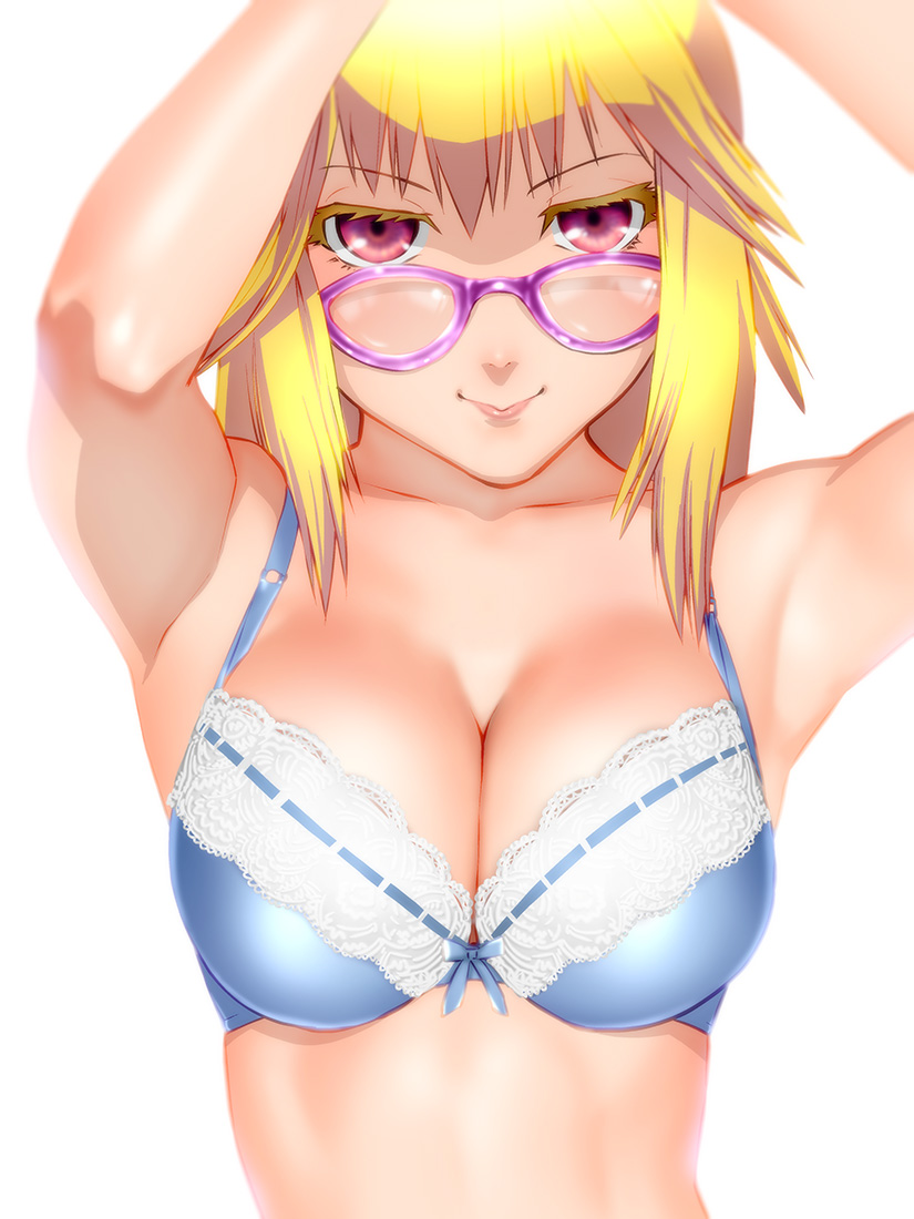 armpits arms_up bare_shoulders blonde_hair blue_bra bra breasts cleavage eyelashes glasses lace lace_bra large_breasts lips long_hair original red_eyes simple_background smile solo ueyama_michirou underwear white_background