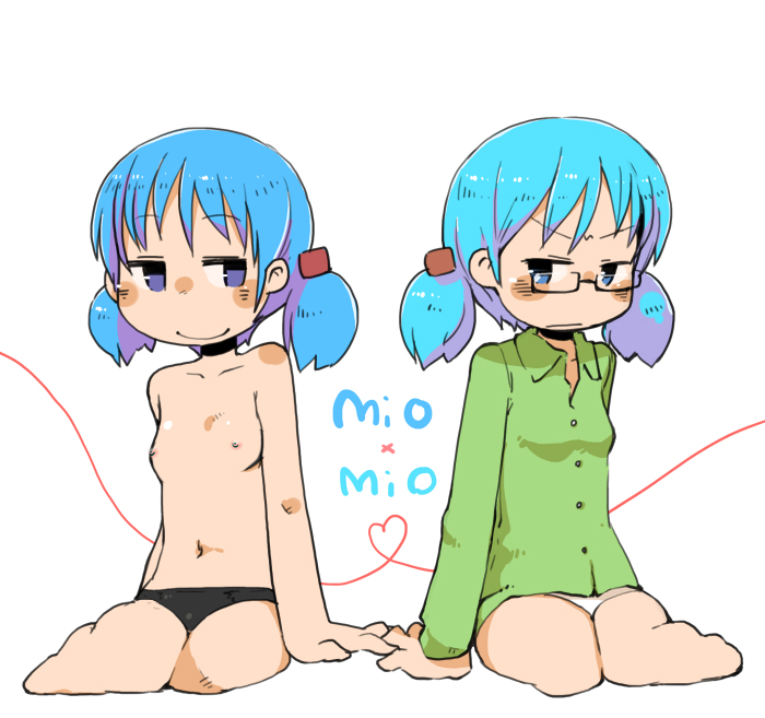2girls blue_eyes blue_hair blush blush_stickers bra dual_persona eye_contact frown hair_ornament lingerie masha naganohara_mio navel nichijou panties short_twintails sitting small_breasts smile twintails underwear underwear_only