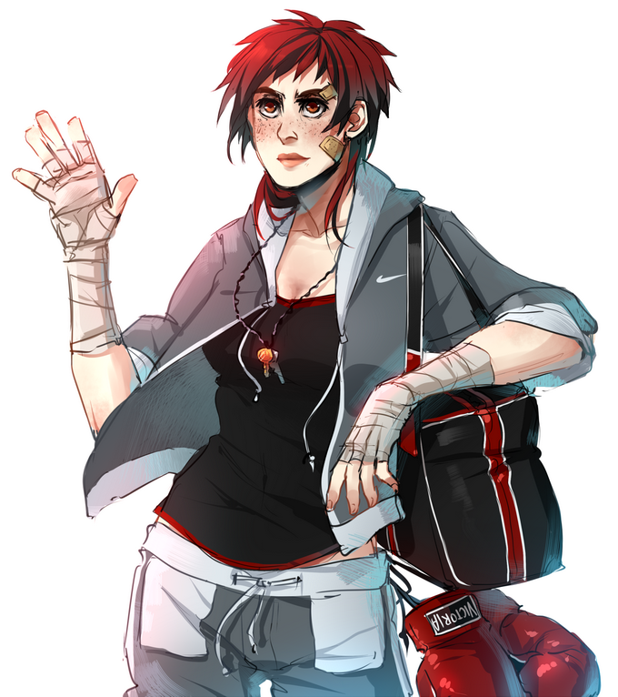 arm_wrap ayane_ninja bag bandages bandaid boxing_gloves casual dead_or_alive dead_or_alive_5 duffel_bag freckles hood hoodie jewelry key mila_(doa) necklace nike open_clothes open_hoodie red_eyes red_hair short_hair shorts sleeves_rolled_up solo tank_top waving