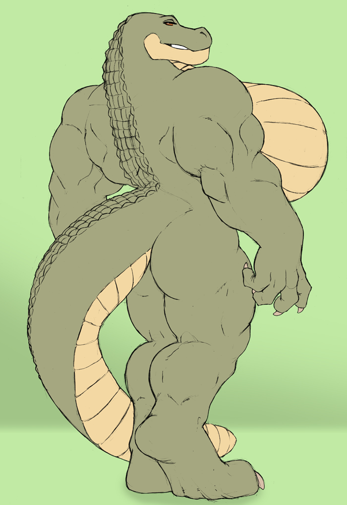 biceps big_breasts breasts butt female gideon huge_breasts hyper hyper_breasts looking_at_viewer muscles muscular_female nude reptile scalie smile solo standing