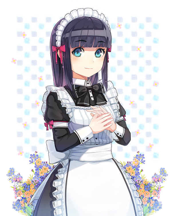 apron bad_id bad_pixiv_id blue_eyes bow flower hair_bow hands_together hwansang long_hair maid maid_headdress original own_hands_together purple_hair smile solo