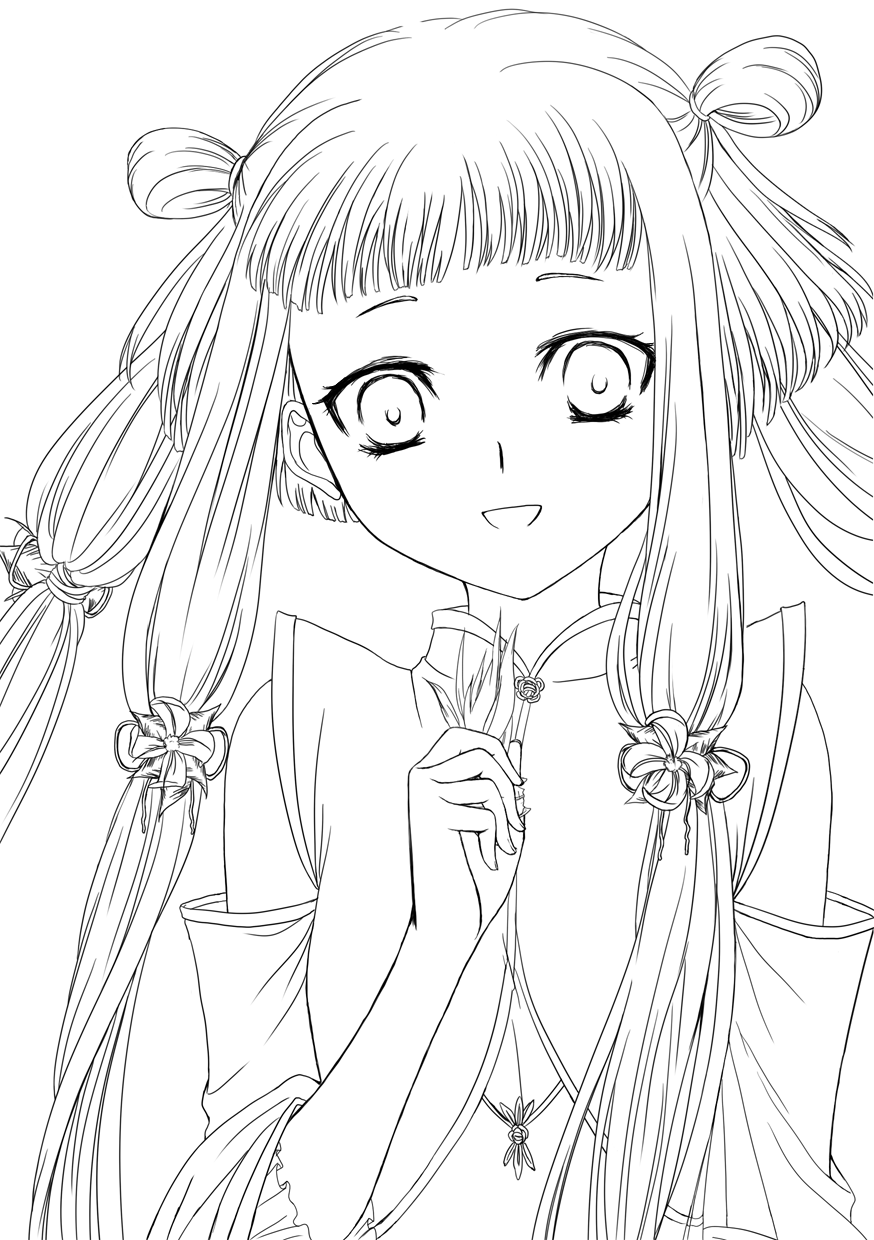 code_geass greyscale highres kuon_yuu lineart long_hair looking_at_viewer monochrome smile solo tianzi