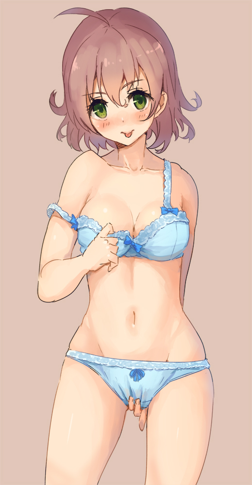 :p ahoge banned_artist bare_shoulders blue_bra blue_panties bow bow_panties bra breasts brown_hair cleavage green_eyes groin lace lace-trimmed_bra lace-trimmed_panties medium_breasts navel original panties paseri short_hair simple_background solo strap_slip tongue tongue_out underwear underwear_only