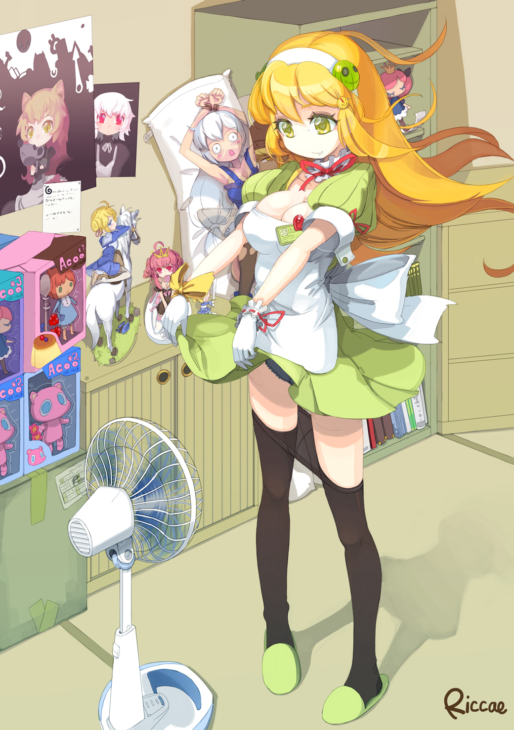 apron artoria_pendragon_(all) black_legwear black_panties blonde_hair breasts cleavage crotch_seam dakimakura_(object) electric_fan fan fanning_crotch fate_(series) gloves green_eyes hairband highres large_breasts maid mascot panties pantyhose pantyhose_pull pigeon-toed pillow poster_(object) riccae saber sabori saboten_store skirt skirt_lift solo underwear wind wind_lift