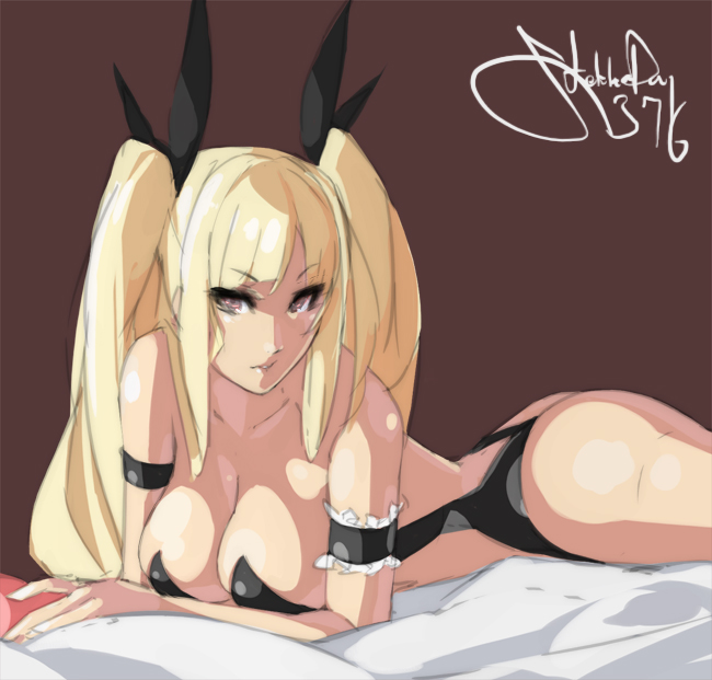 alternate_breast_size armband ass bare_shoulders blazblue blonde_hair breasts cleavage commentary english_commentary eu03 hair_ribbon impossible_clothes large_breasts long_hair lying older on_stomach rachel_alucard red_eyes ribbon solo strapless swimsuit twintails