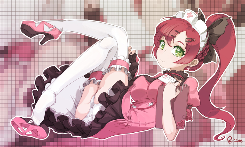 apron braid choker cross crossed_legs frilled_legwear frilled_skirt frills green_eyes hair_ornament hairpin headdress impossible_clothes impossible_shirt legs_up looking_at_viewer lying nurse original panties pantyshot ponytail red_cross red_hair riccae shirt shoes single_shoe skirt smile solo thighhighs underwear white_legwear white_panties zoom_layer