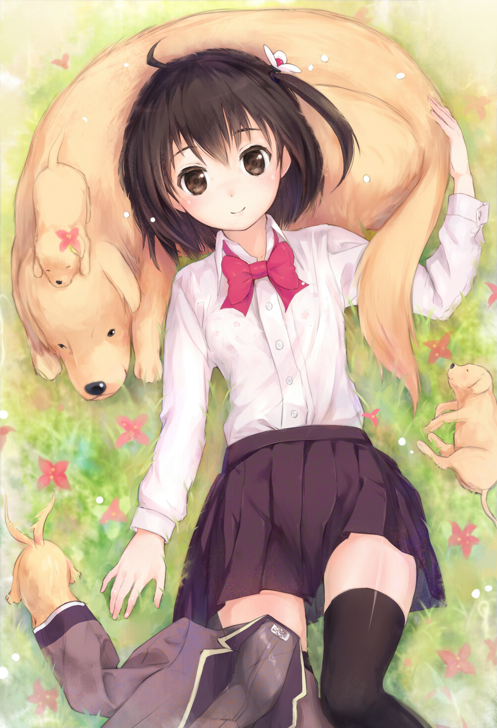 ahoge black_eyes black_hair black_legwear blush bow breasts dog dress_shirt grass highres looking_at_viewer lying on_back original puppy school_uniform shirt shouin side_ponytail skirt small_breasts smile solo tail tail_wagging thighhighs white_shirt