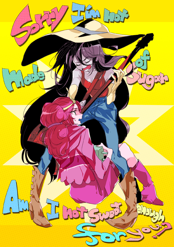 adventure_time bass_guitar black_hair boots breasts cleavage closed_eyes confession crown denim english gloves hat high_heels instrument jeans long_hair marceline_abadeer medium_breasts multiple_girls music open_mouth pants pigeon-toed pink_hair princess_bonnibel_bubblegum shoes singing sitting standing sun_hat sweatdrop tank_top tima very_long_hair yuri