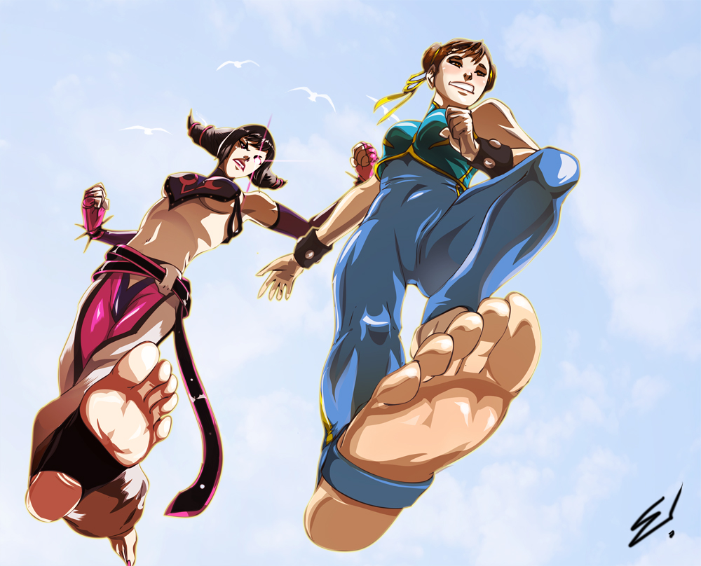 2girls barefoot black_hair brown_hair capcom chun-li feet han_juri multiple_girls pov pov_feet scamwich soles street_fighter toeless_socks toes