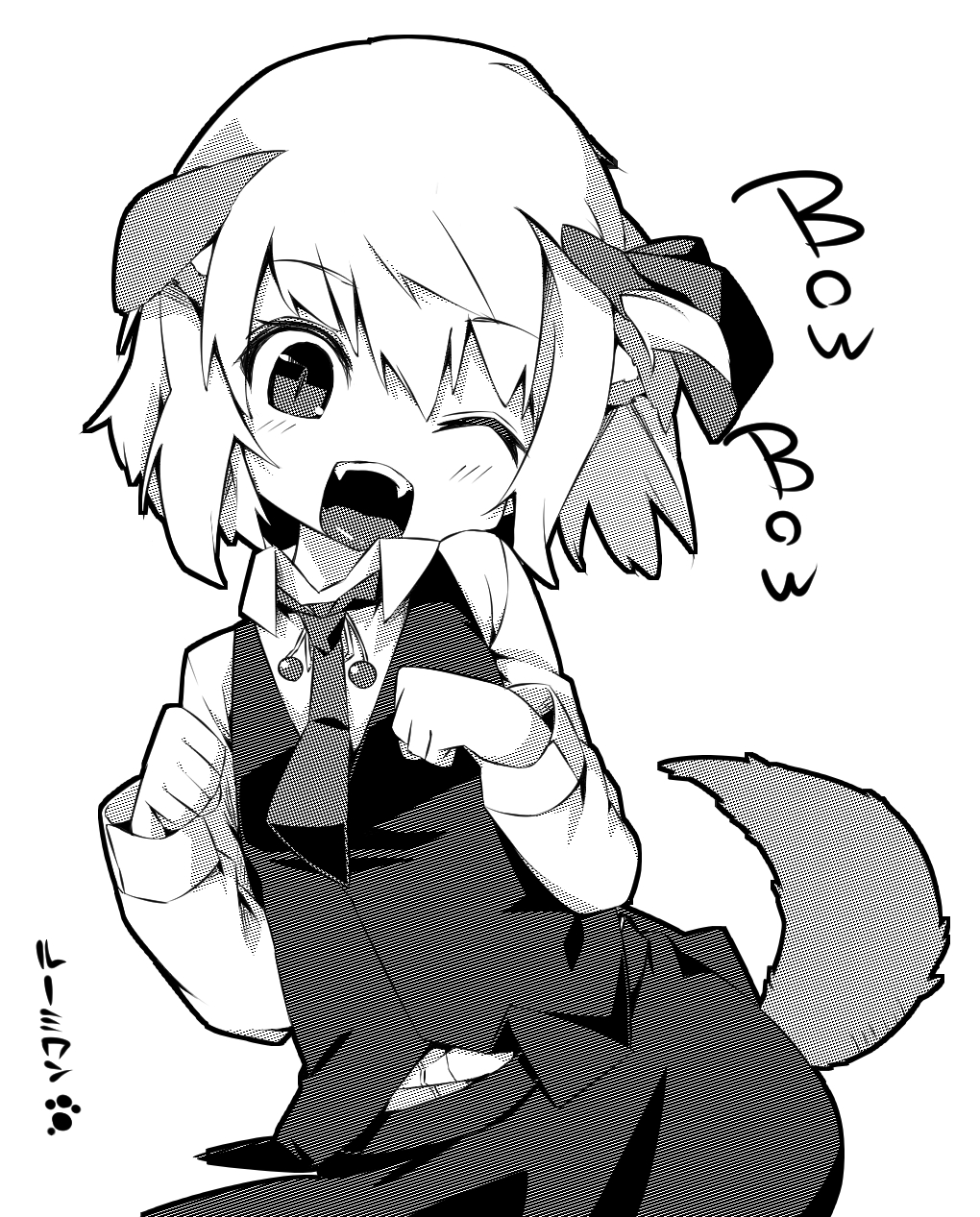 ;d animal_ears blush dog_ears dog_tail greyscale highres kemonomimi_mode looking_at_viewer monochrome necktie one_eye_closed open_mouth rumia shamo_(koumakantv) short_hair skirt smile solo tail touhou translated white_background