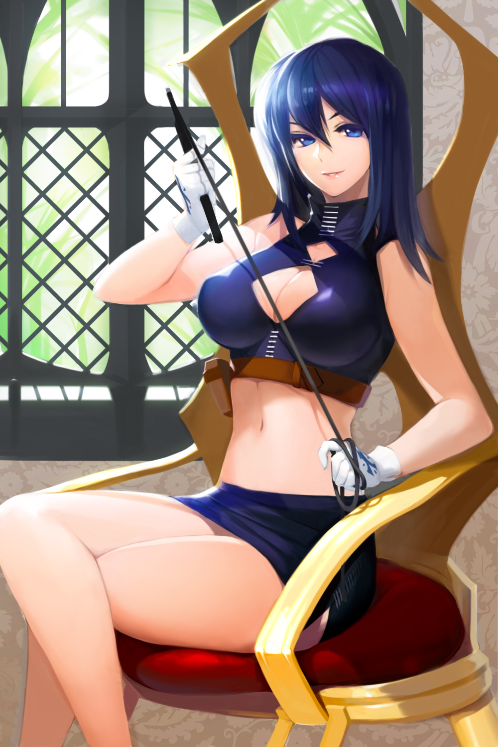 blue_eyes blue_hair breasts chair cleavage cleavage_cutout crossed_legs gloves highres holding large_breasts legs long_hair long_legs midriff miniskirt navel sitting skirt smile snowball22 solo sword_girls thighs whip