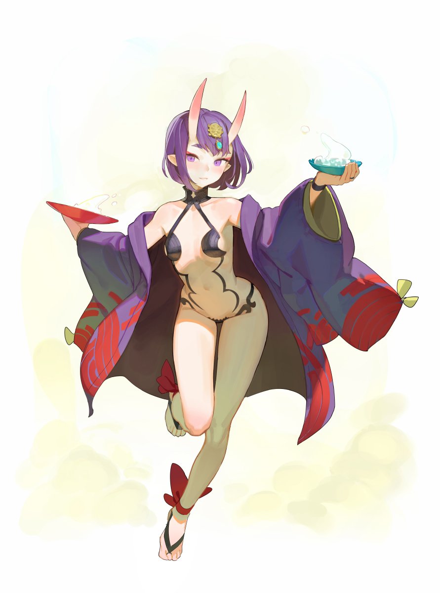 1girl alcohol ankle_ribbon bangs bare_shoulders barefoot_sandals blush bob_cut breasts collarbone cup eyeliner fate/grand_order fate_(series) feet forehead_jewel full_body headpiece highres hips horns japanese_clothes kimono legs looking_at_viewer makeup navel oni oni_horns open_clothes open_kimono pointy_ears purple_eyes purple_hair purple_kimono revealing_clothes ribbon sakazuki sake short_eyebrows short_hair shuten_douji_(fate/grand_order) simple_background small_breasts solo thighs tim_loechner white_background wide_sleeves