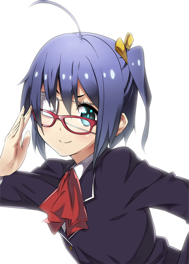 ahoge arm_up bespectacled black_hair blue_eyes chuunibyou_demo_koi_ga_shitai! eyepatch glasses hair_ribbon looking_at_viewer one_side_up pose ribbon smile solo star takanashi_rikka yuuzii