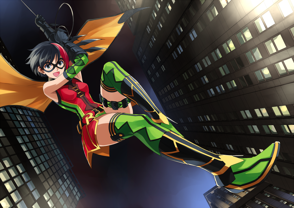 bare_shoulders belt black_hair blue_eyes boots cape dc_comics dutch_angle elbow_gloves garters gloves highlights kriss_sison mask multicolored_hair open_mouth robin_(dc) short_hair skirt sleeveless solo thigh_boots thighhighs