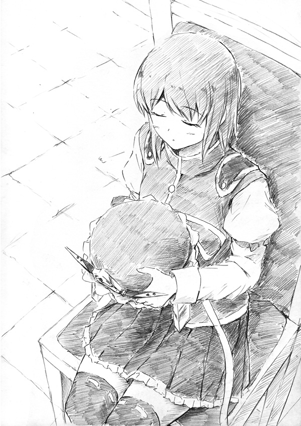 closed_eyes greyscale hat hat_removed headwear_removed monochrome shiki_eiki short_hair skirt solo touhou traditional_media vent_arbre