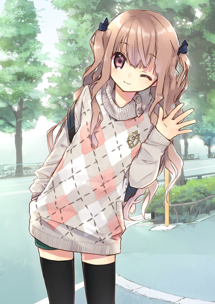 ;3 bag black_legwear blush brown_hair hand_in_pocket long_hair looking_at_viewer miyoshino one_eye_closed original pink_eyes solo thighhighs tree waving