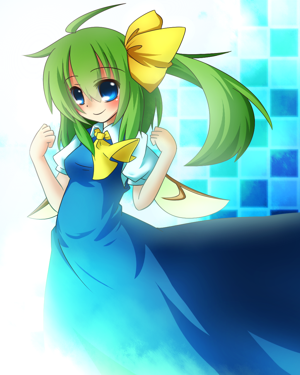 bad_id bad_pixiv_id blue_eyes daiyousei dress fairy_wings furea_(scarlet_t) green_hair hair_ribbon highres long_hair ribbon side_ponytail smile solo touhou wings