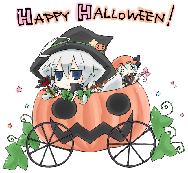 :&gt; ahoge angeltype animal_ears bat blue_eyes braid candy candy_cane character_doll chariot costume dog_ears dog_tail english food halloween happy_halloween hat holding holding_wand inu_sakuya izayoi_sakuya jack-o'-lantern jitome o_o remilia_scarlet short_hair silver_hair solo star tail touhou twin_braids wand witch witch_hat