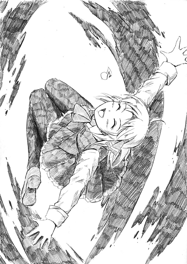 closed_eyes greyscale monochrome musical_note open_mouth outstretched_arms pantyhose rumia short_hair skirt smile solo touhou traditional_media vent_arbre