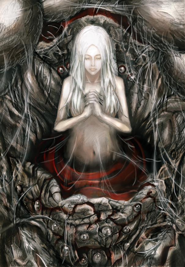 closed_eyes dark_souls hair_over_breasts hands_together insect_girl kotarou_(rakugaki_shirushi) lips monster_girl navel nude pale_skin praying quelaag's_sister silk solo souls_(from_software) spider_girl spider_web white_hair