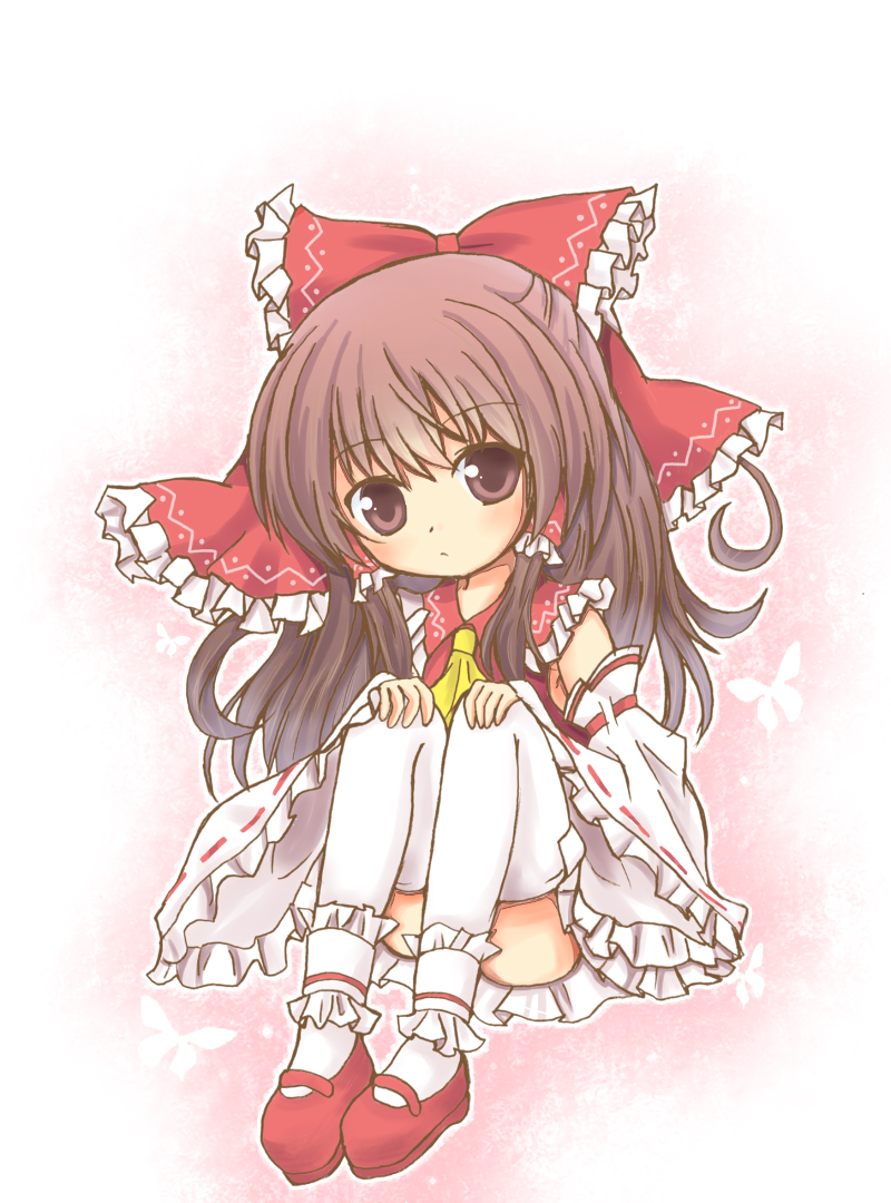 ascot bow brown_eyes brown_hair detached_sleeves hair_bow hair_tubes hakurei_reimu long_hair mary_janes shoes sitting skirt solo thighhighs touhou white_legwear yuuhagi_(amaretto-no-natsu)