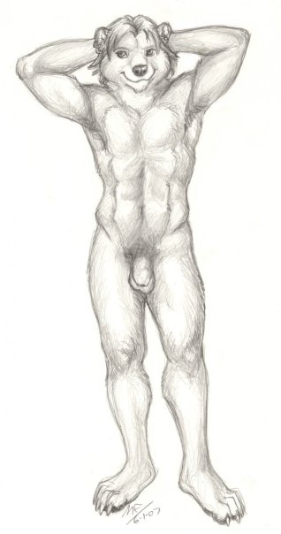 abs alinraven anthro avoid_posting balls bear biceps claws conditional_dnp drawn ear_piercing fur grizzly grizzly_bear hair hindpaw male mammal moodyferret muscles nude paws penis piercing solo