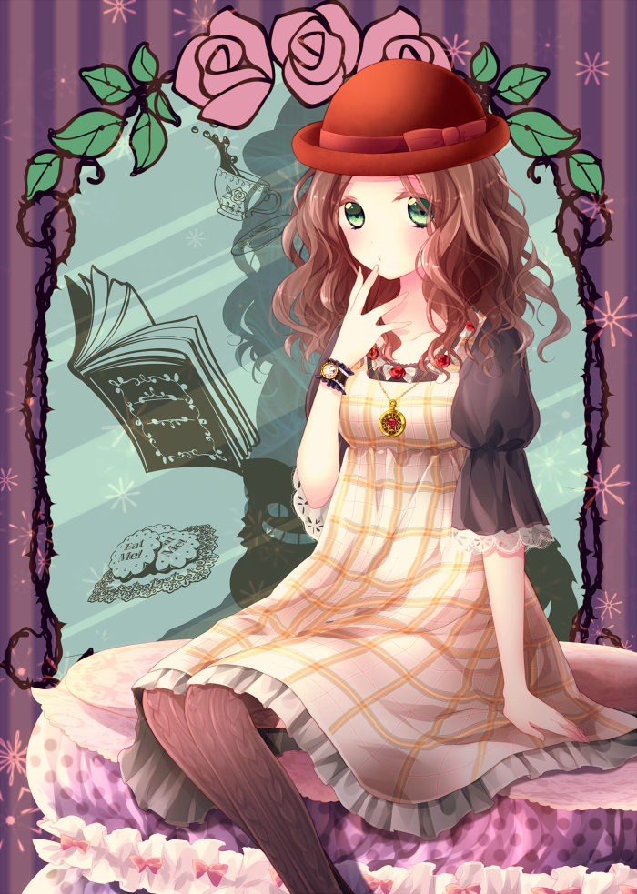 brown_hair curly_hair dress green_eyes hand_to_own_mouth hat hat_ribbon long_hair looking_at_viewer original ribbon riichu sitting solo striped striped_background thighhighs vertical-striped_background vertical_stripes