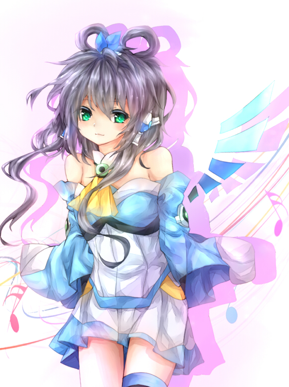 bad_id bad_pixiv_id green_eyes luo_tianyi musical_note simple_background solo thighhighs vocaloid vocanese yudaoshan zettai_ryouiki