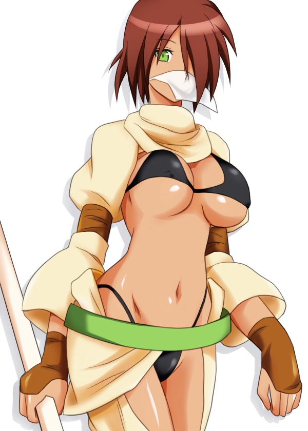 bikini black_bikini breasts brown_hair gloves green_eyes large_breasts mask midriff mitora5 navel sand_shaman short_hair solo swimsuit tales_of_(series) tales_of_the_abyss tan underboob white_background