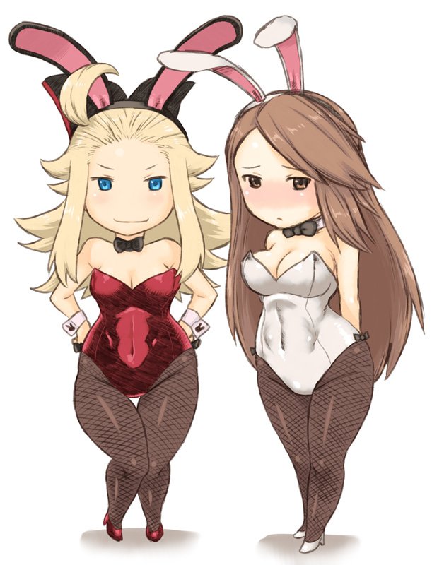 agnes_oblige animal_ears arms_behind_back bare_shoulders blonde_hair blue_eyes blush bow bowtie bravely_default:_flying_fairy bravely_default_(series) breasts brown_eyes brown_hair bunny_ears bunny_girl bunnysuit chibi cleavage curvy detached_collar edea_lee elbow_gloves fake_animal_ears fishnet_pantyhose fishnets flat_chest frown gloves hair_bow hairband hands_on_hips hips long_hair multiple_girls navel pantyhose ribbon simple_background small_breasts smile standing thigh_gap tsukudani_(coke-buta) white_background wide_hips wrist_cuffs