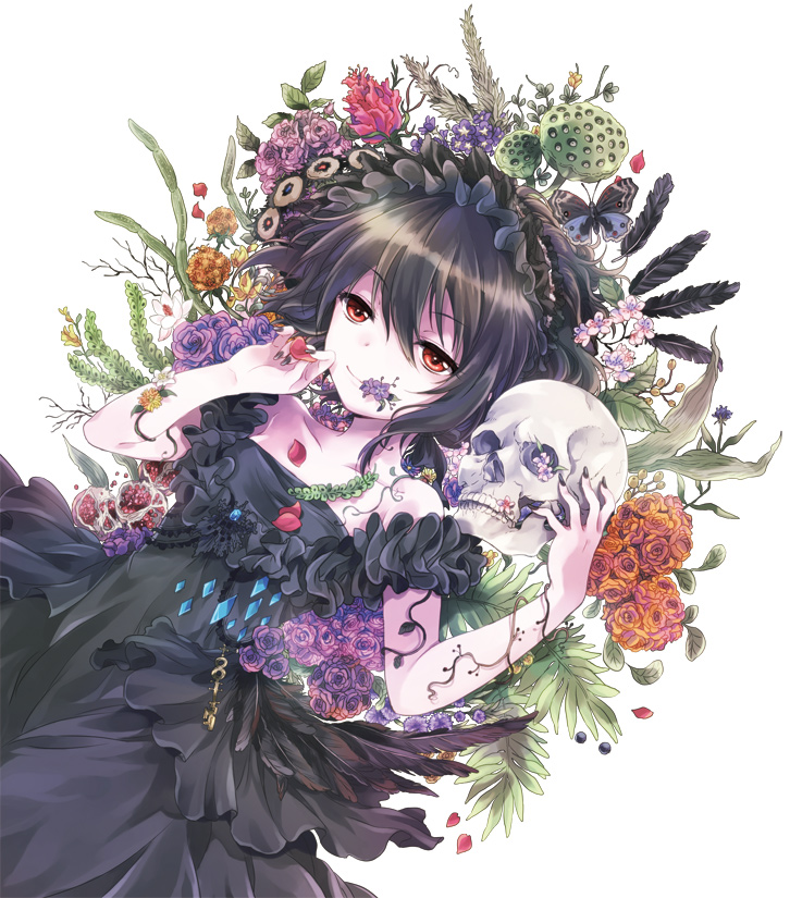 b.a.d. bare_shoulders black_dress black_hair black_nails bonnet breasts bug butterfly collarbone dress feathers flower flower_in_mouth food fruit gothic insect key konayama_kata leaf lying mayuzumi_azaka moth mouth_hold nail_polish on_back petals pomegranate purple_flower purple_rose rose short_hair skull small_breasts smile solo