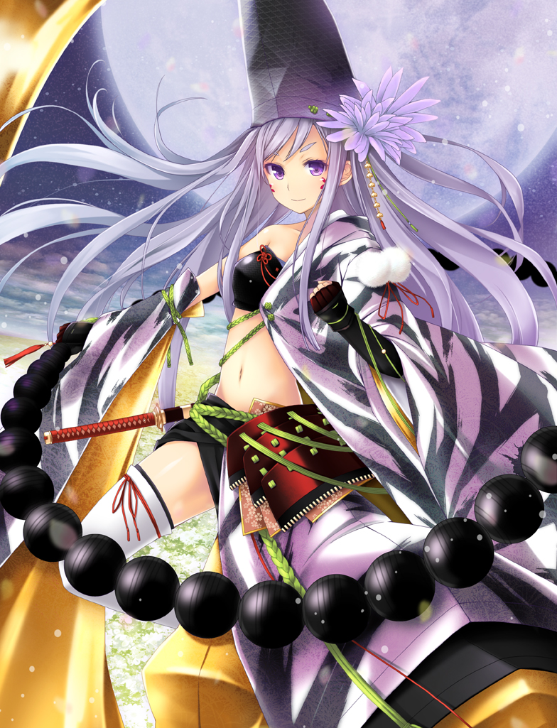 bad_id bad_pixiv_id beads enkouin flower full_moon hair_flower hair_ornament hat keika_(falier00) long_hair midriff moon purple_eyes sengoku_taisen solo sword_hilt thighhighs very_long_hair white_hair white_legwear