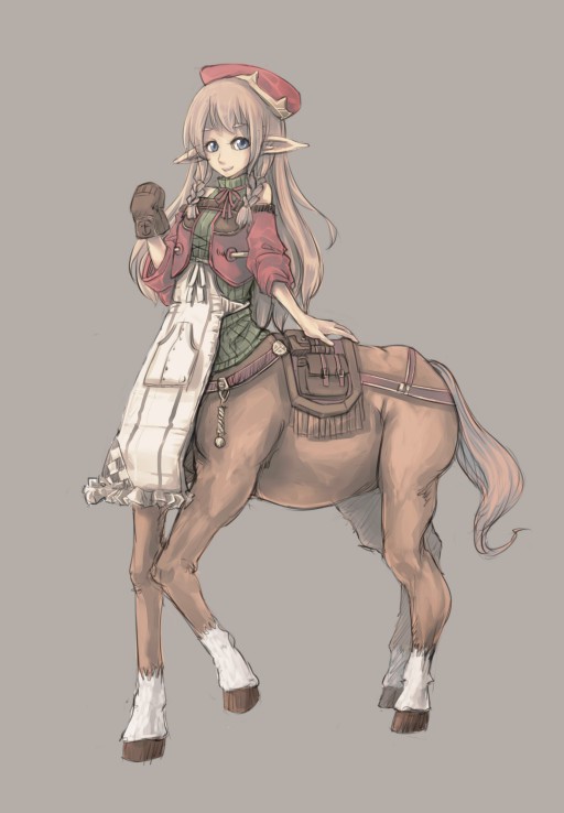 animal_ears apron bad_id bad_pixiv_id bare_shoulders beret blonde_hair blue_eyes bottomless braid centaur detached_sleeves gloves grey_background hat hooves horse_ears jacket monster_girl original pointy_ears pouch ribbed_sweater simple_background single_glove smile solo sweater tail turtleneck twin_braids zhanhan