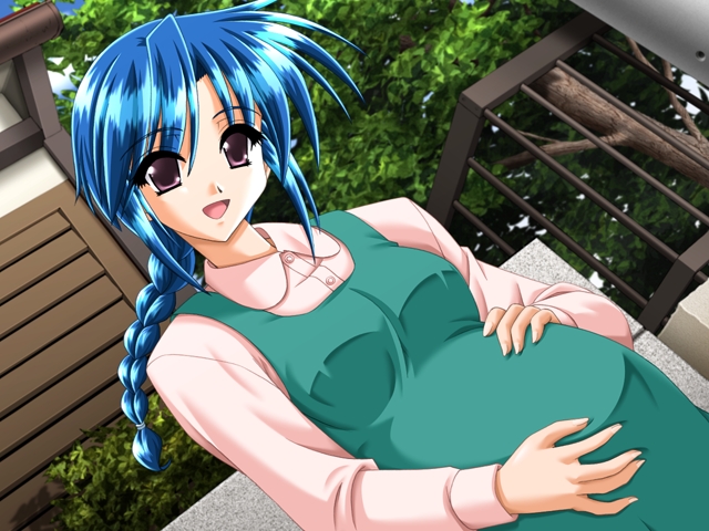 1girl blue_hair game_cg pregnant purple_eyes tahara_chizuru tree tsukushite_agechau_4