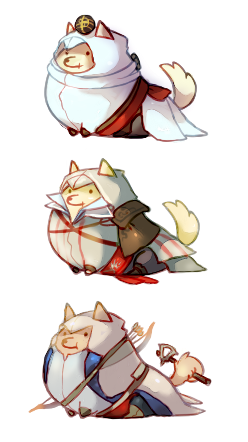 animal animalization apple_of_eden assassin's_creed assassin's_creed_(series) assassin's_creed_ii assassin's_creed_iii bad_id bad_pixiv_id bow_(weapon) clothed_animal connor_kenway deathdog dog ezio_auditore_da_firenze hood no_humans prehensile_tail scar simple_background tail tomahawk weapon white_background